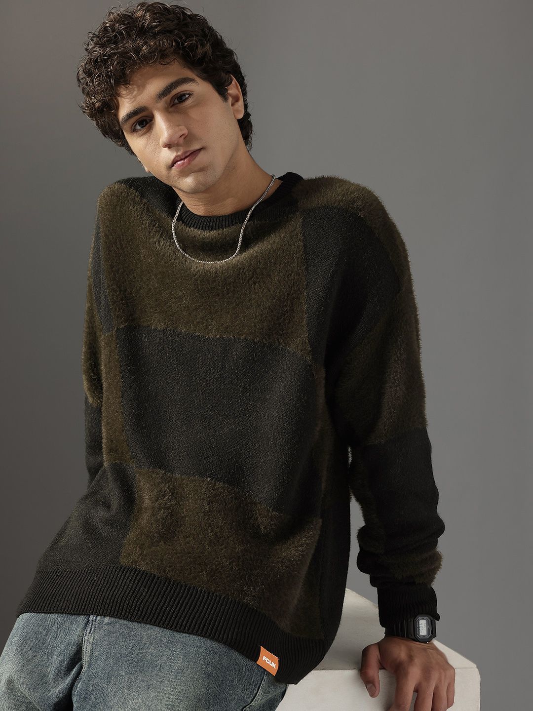 FCUK Checked Faux Fur Detail Pullover Sweater-image-7