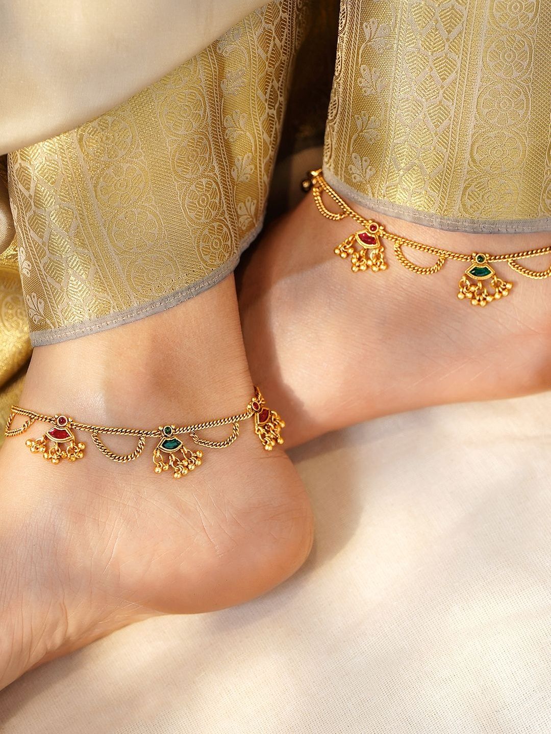 Rubans Set of 2 18K Gold-Plated Brass Anklets with Ruby Red & Emerald Green Enamel Charms-image-2