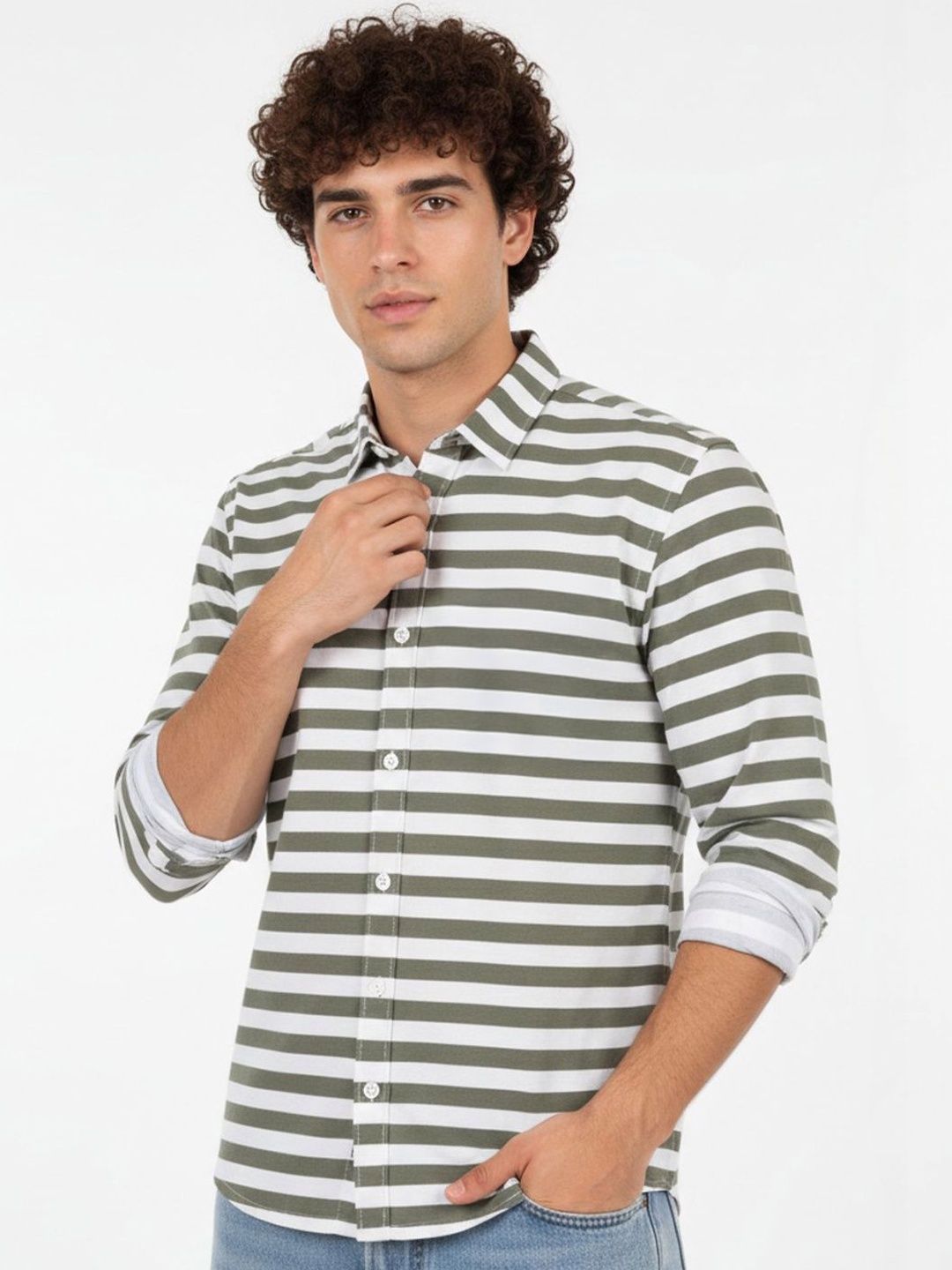 XENOR Men Slim Fit Horizontal Stripes Striped Casual Shirt-image-28
