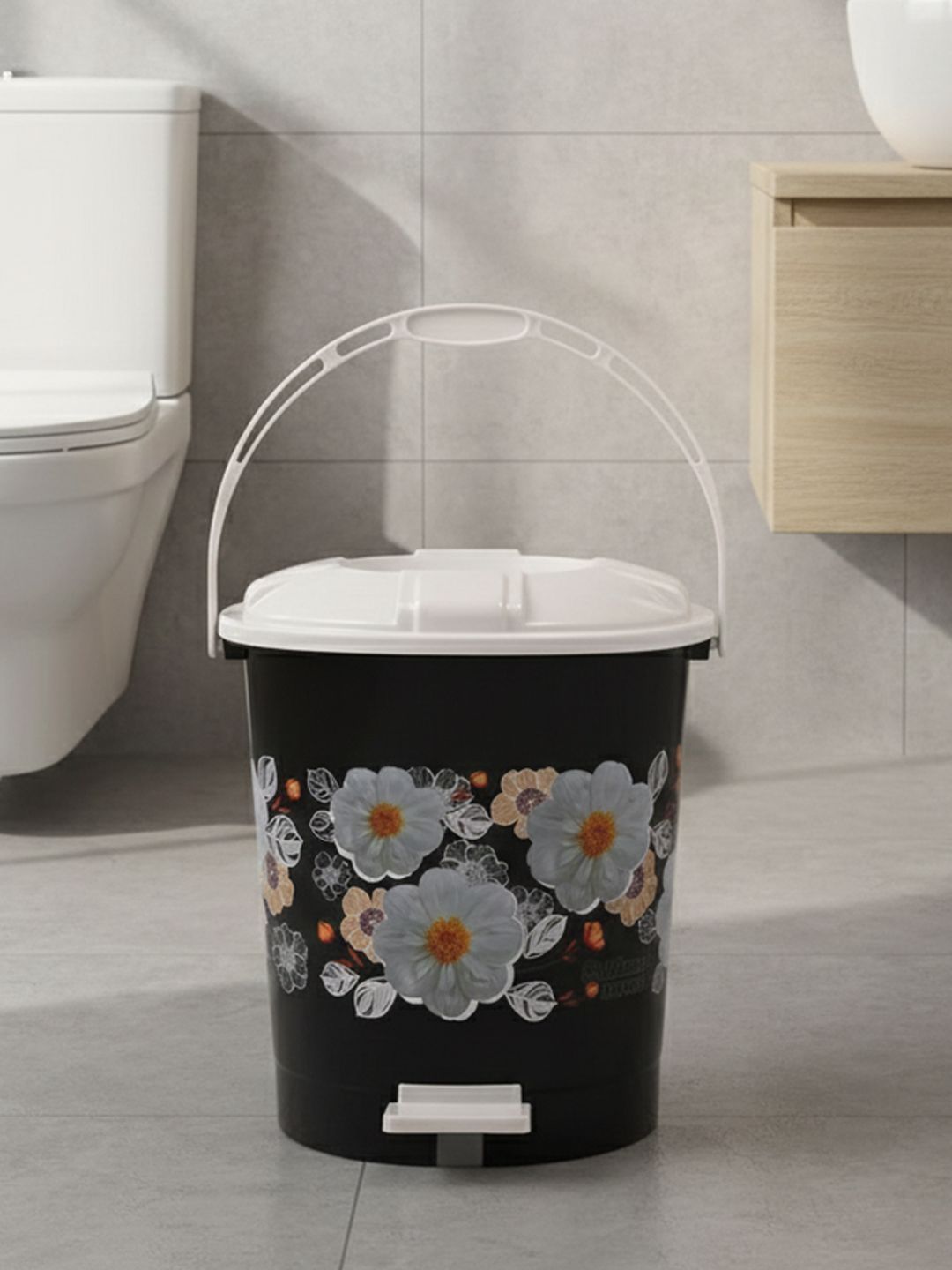 Kuber Industries Black & White Flower Printed Pedal Dustbin - 10L