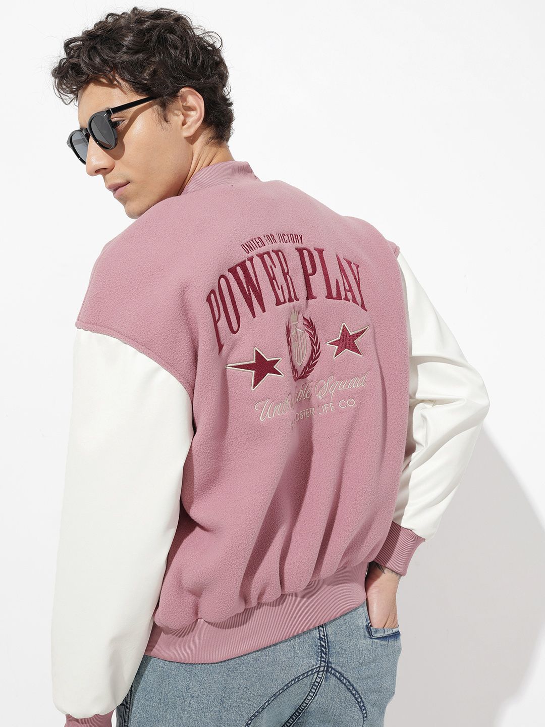 The Roadster Life Co. Typography Printed Mock Collar Varsity Jacket-image-24