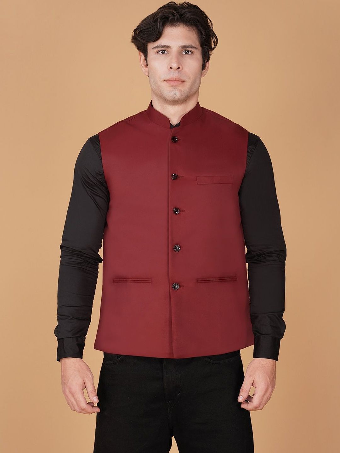 Vastraa Fusion Pure Cotton Mandarin Collar Neck Woven Nehru Jacket-picture-23