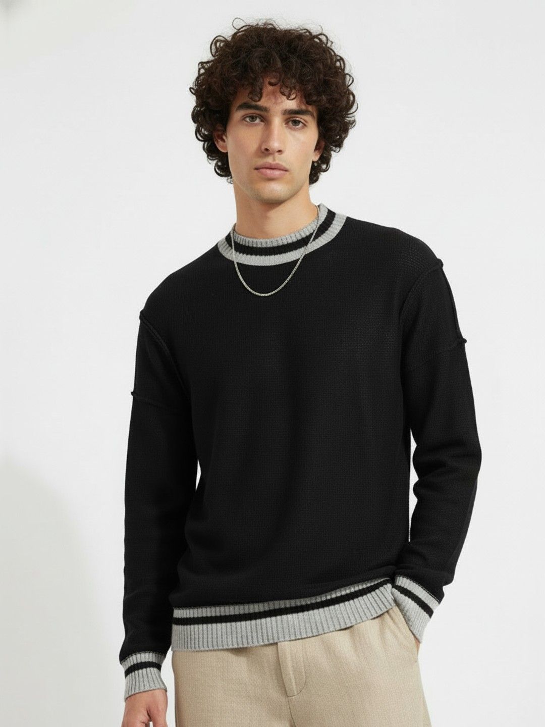 glitchez Round Neck Pullover with Contrast Trim & Paneled Detail