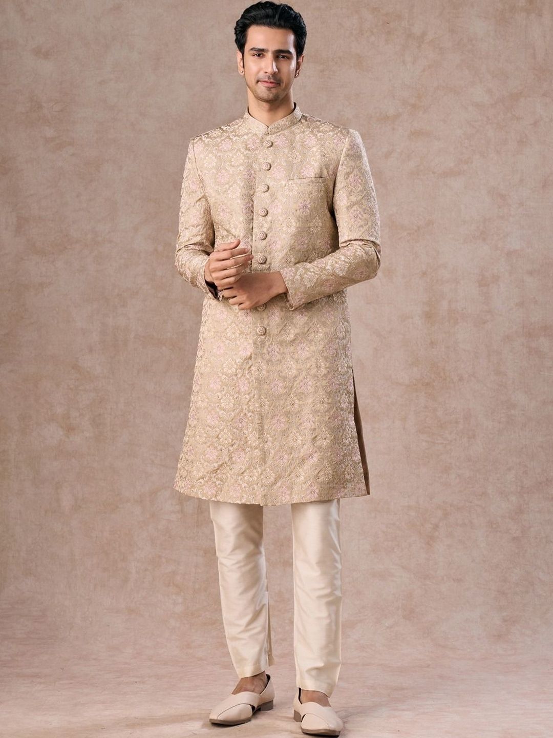 Manyavar Embroidered Mandarin Collar Sherwani Set-picture-20