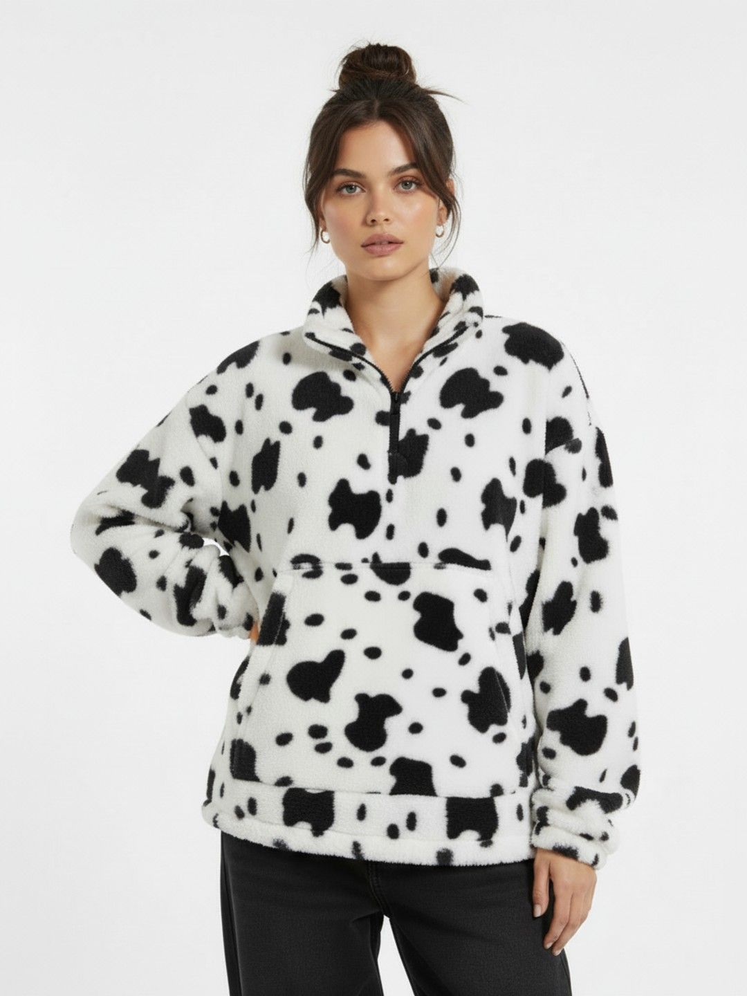 glitchez Animal Printed Mock Collar Oversized Pullover with Half Zipper & Faux Fur Detail-picture-12