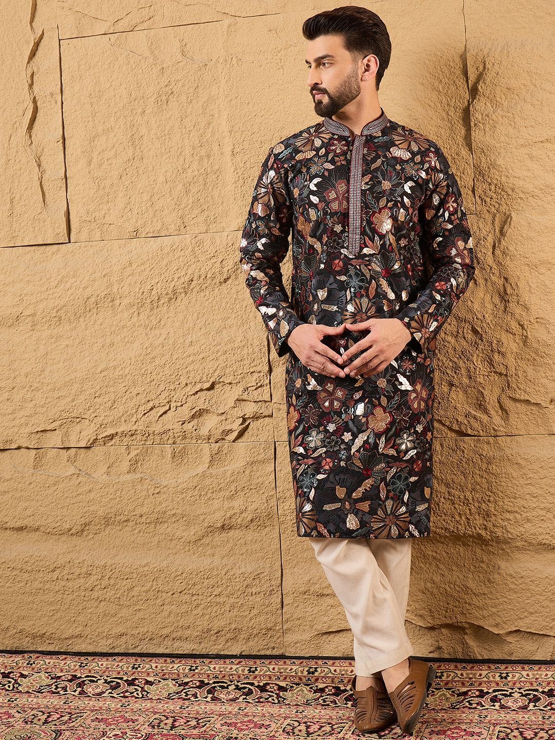 House of Pataudi Floral Embroidered Mandarin Collar Thread Work Straight Kurta-picture-38