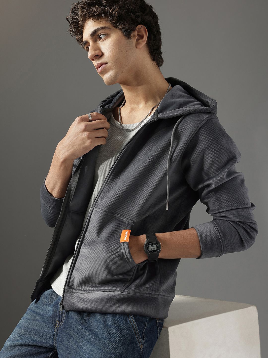 FCUK Self-Design Velvet Finish Hooded Sweatshirt-image-3