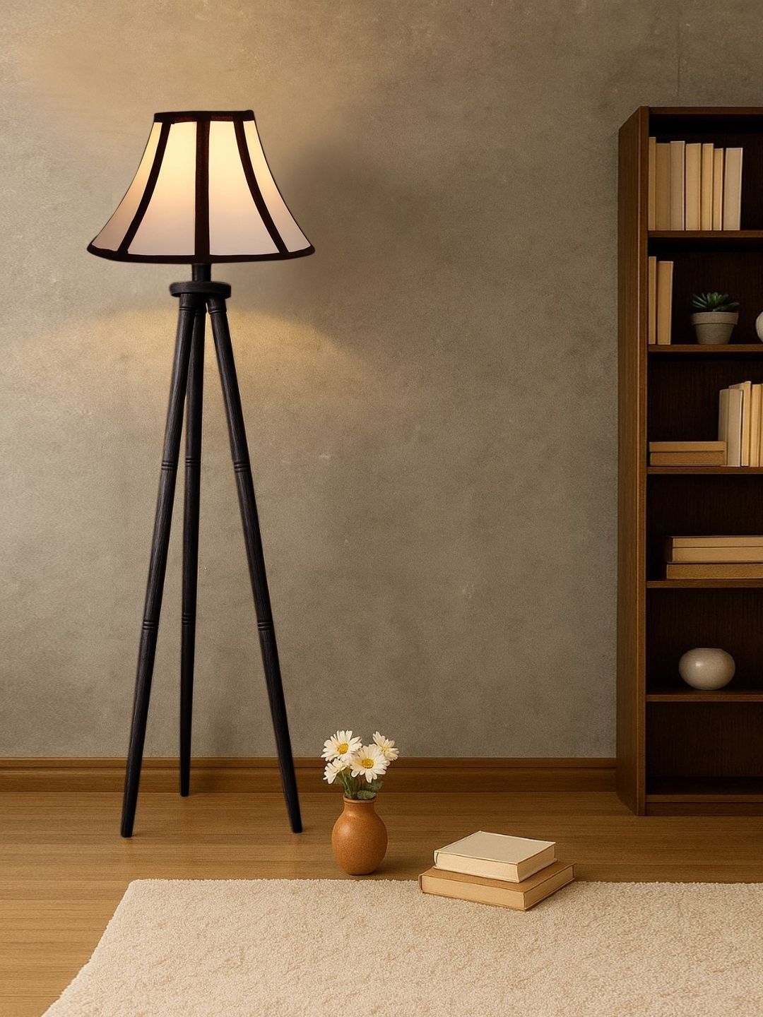 Devansh White & Black Wooden Tripod Floor Lamp-picture-39