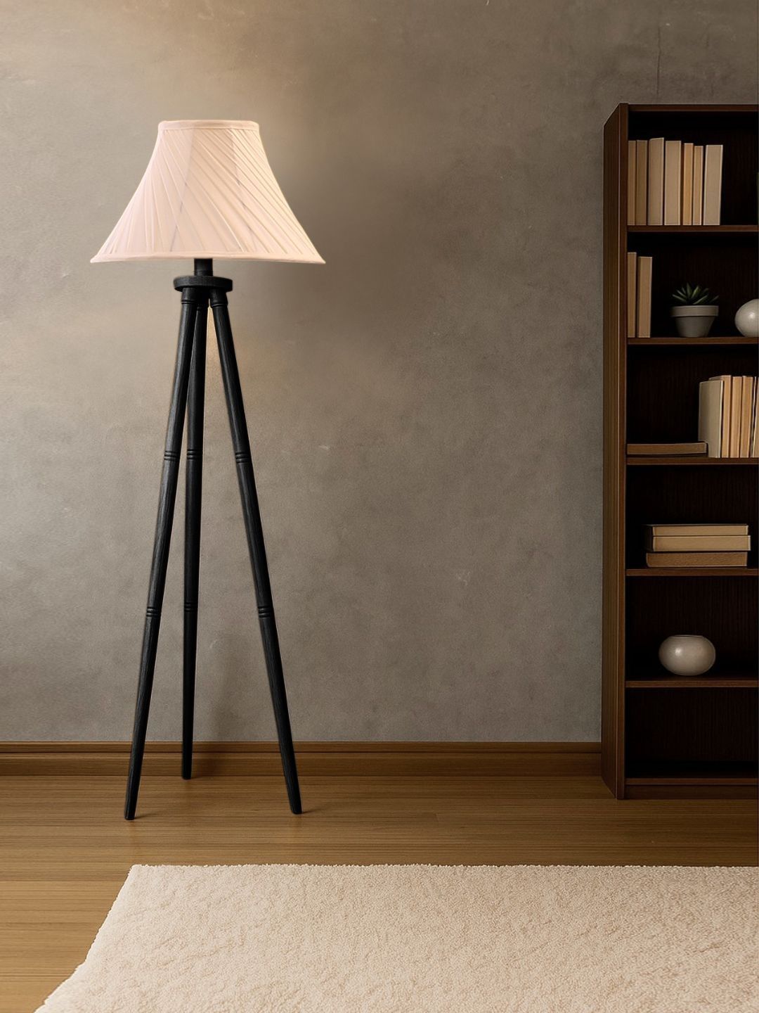 Devansh Off White & Black Wooden Tripod Floor Lamp-picture-17