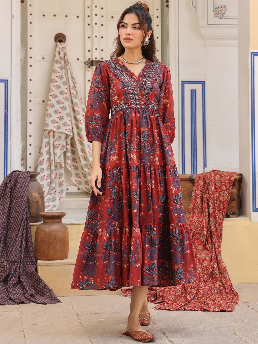 Rain & Rainbow Printed V-Neck Fit and Flare Ethnic Dresses-image-7