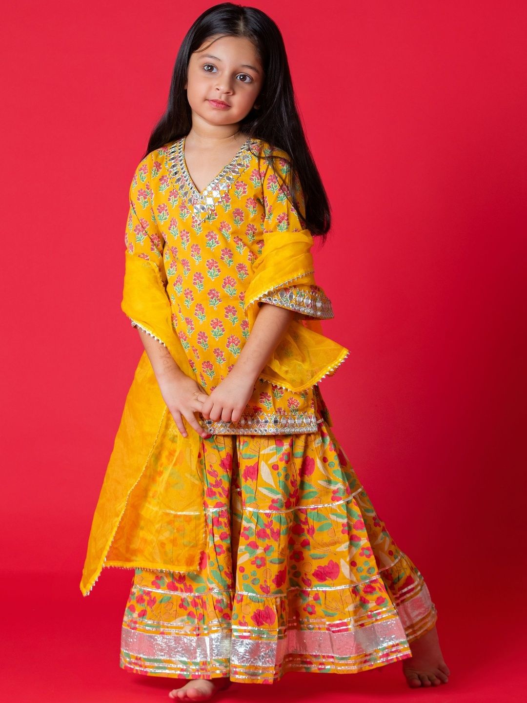 Perkymoon Girls Floral Printed Regular Mirror Work Pure Cotton Kurta with Sharara & With Dupatta-picture-46