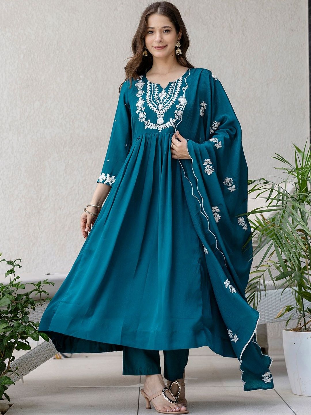 KALINI Women Ethnic Motifs Embroidered Panelled Thread Work Kurta with Trousers & With Dupatta-picture-24