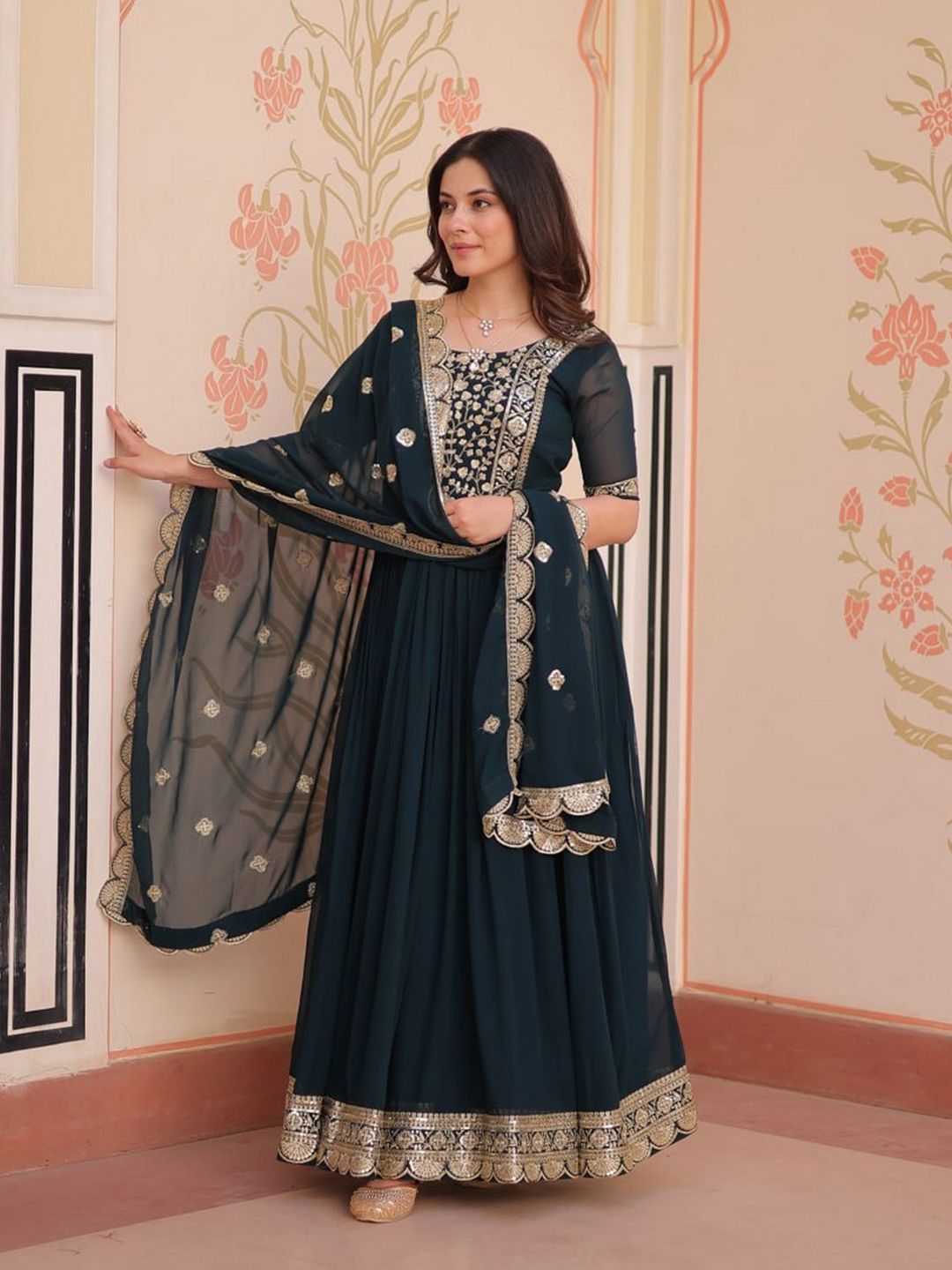 Livewear Women Ethnic Motifs Embroidered Panelled Gotta Patti Kurta with Palazzos & With Dupatta-picture-55