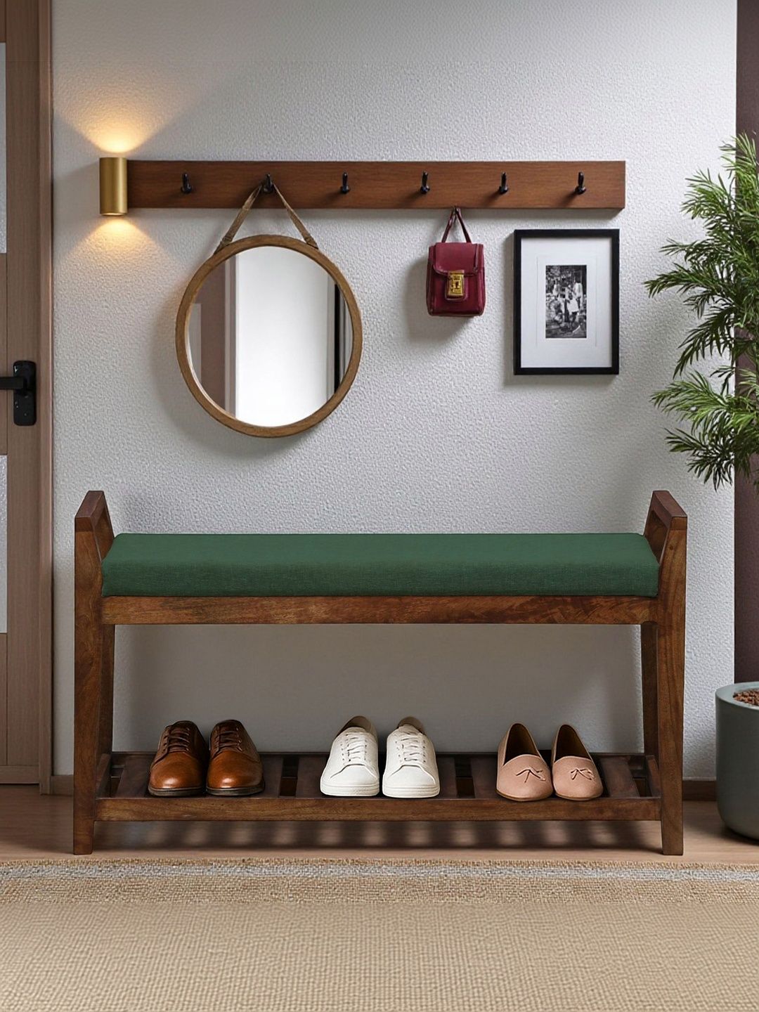 BENE DECOR Green & Brown Mango Wood Bench With Cushion