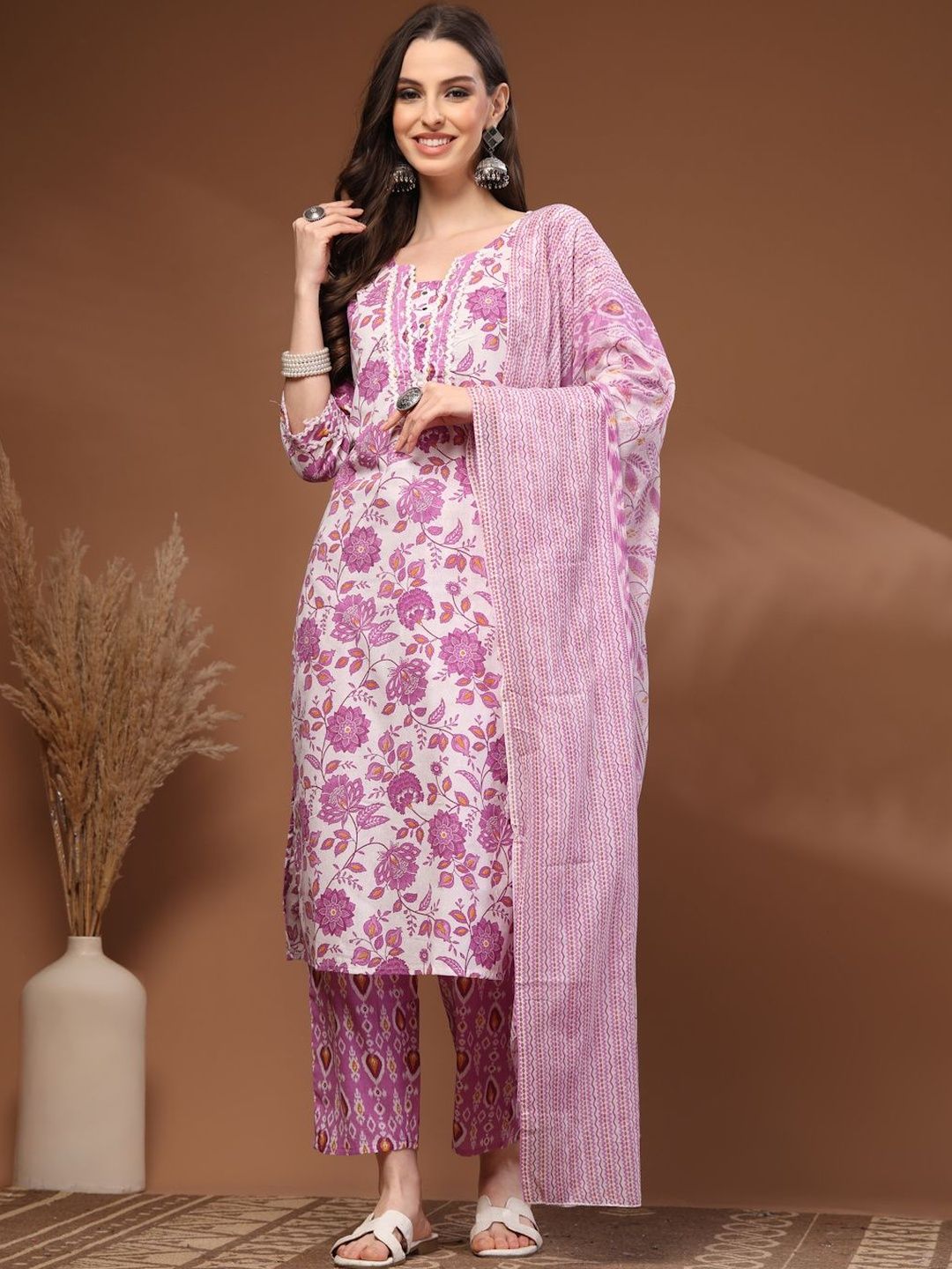HERE&NOW Women Floral Printed Regular Pure Cotton Kurta with Trousers & With Dupatta-picture-12