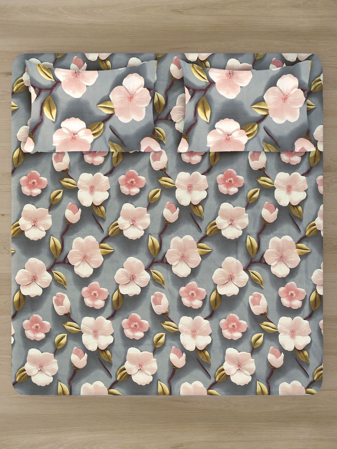 KLOTTHE Grey Floral 7D 400TC King Superfine Bedsheet & 2 Pillow Covers-98 Inch x 88 Inch-picture-28