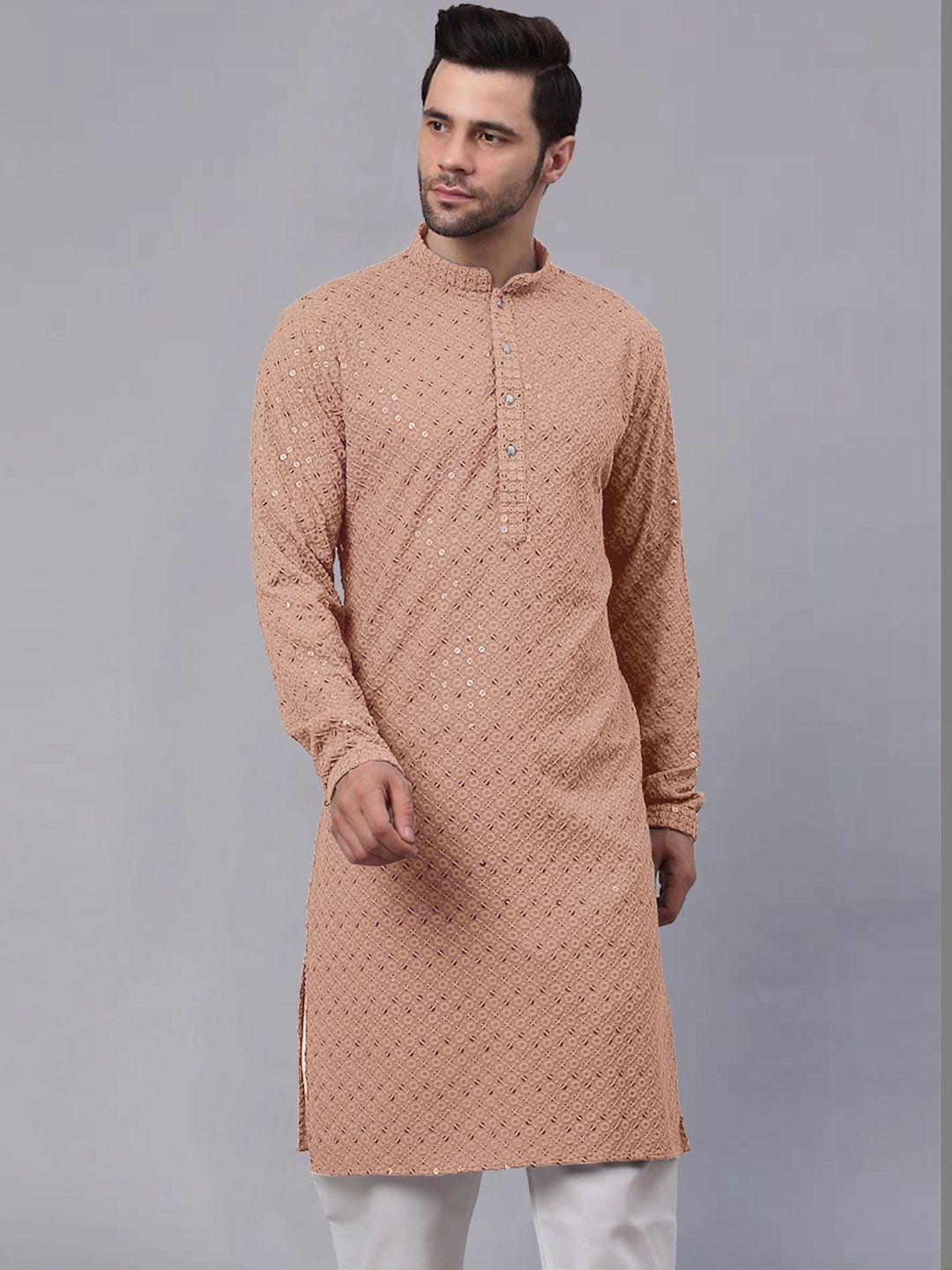 lucknowi Men Ethnic Motifs Embroidered Regular Sequinned Kurta with Churidar-picture-23