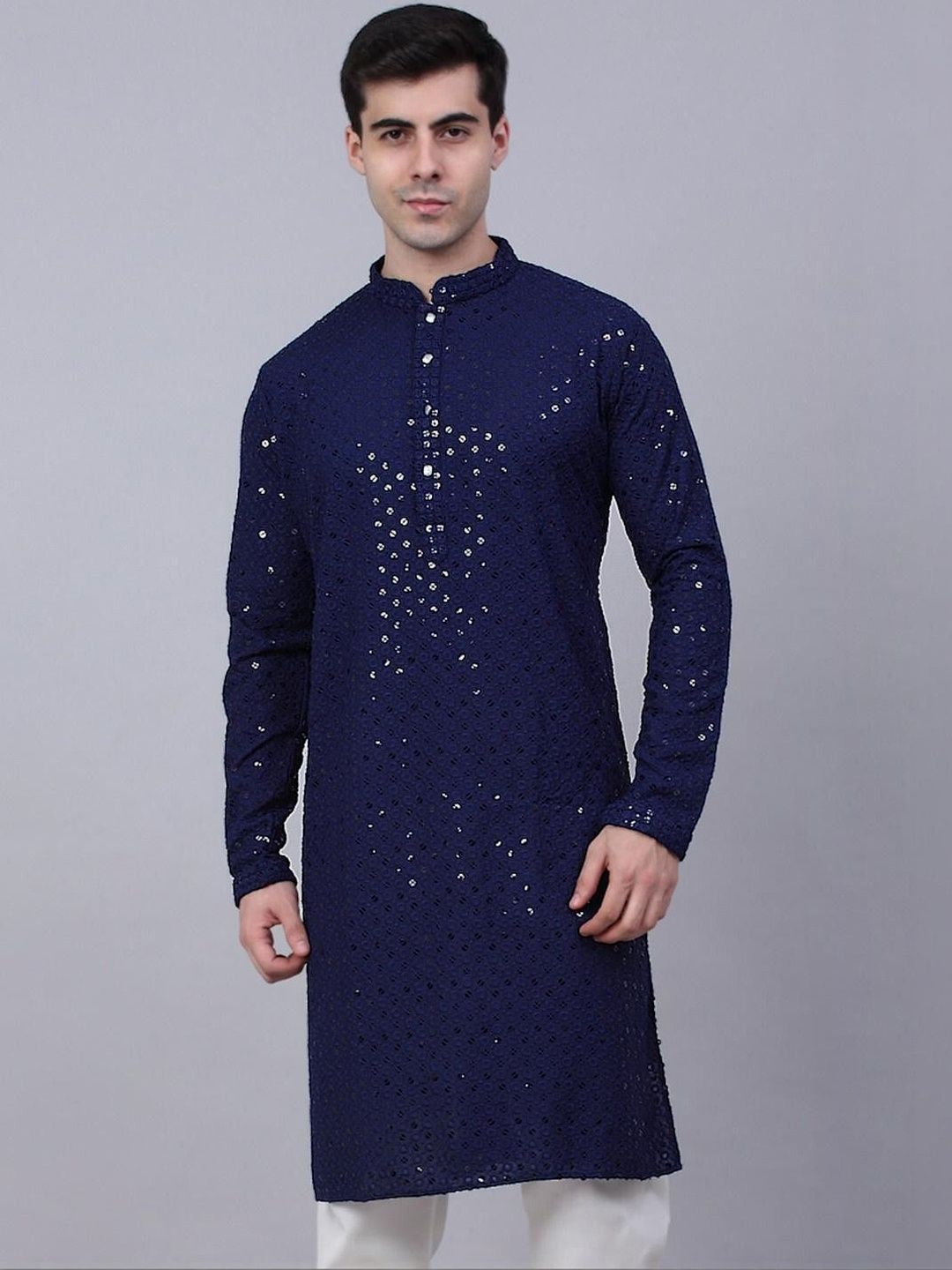 SHOBHIT Men Geometric Embroidered Cold-Shoulder Sleeves Thread Work Handloom Kurta-picture-39