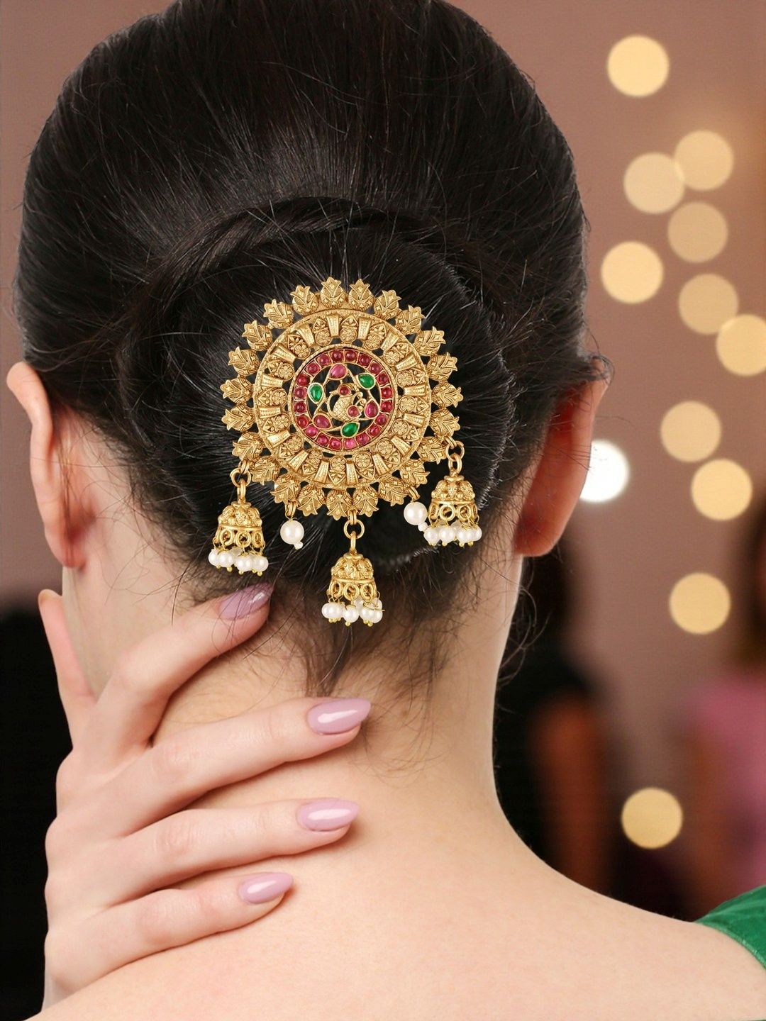 OOMPH Artificial Stones and Beads Studded Bun Pin Head Jewellery-image-25