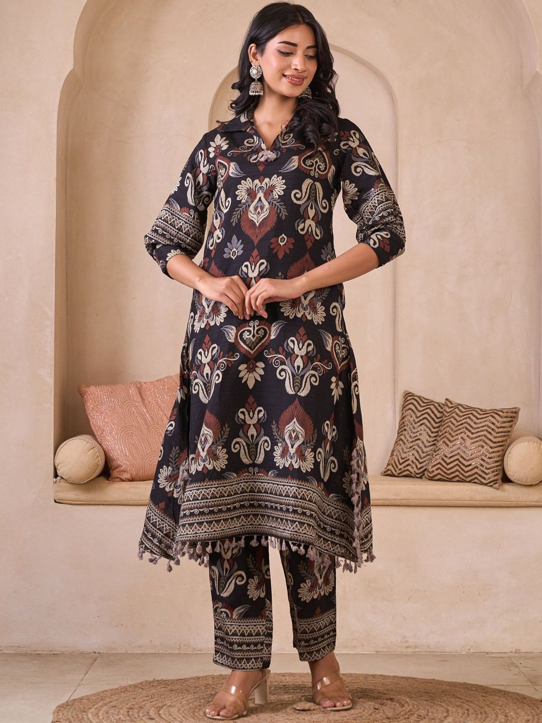 Sangria Printed Pure Cotton Shirt Collar A-Line Kurta & Trousers-picture-27