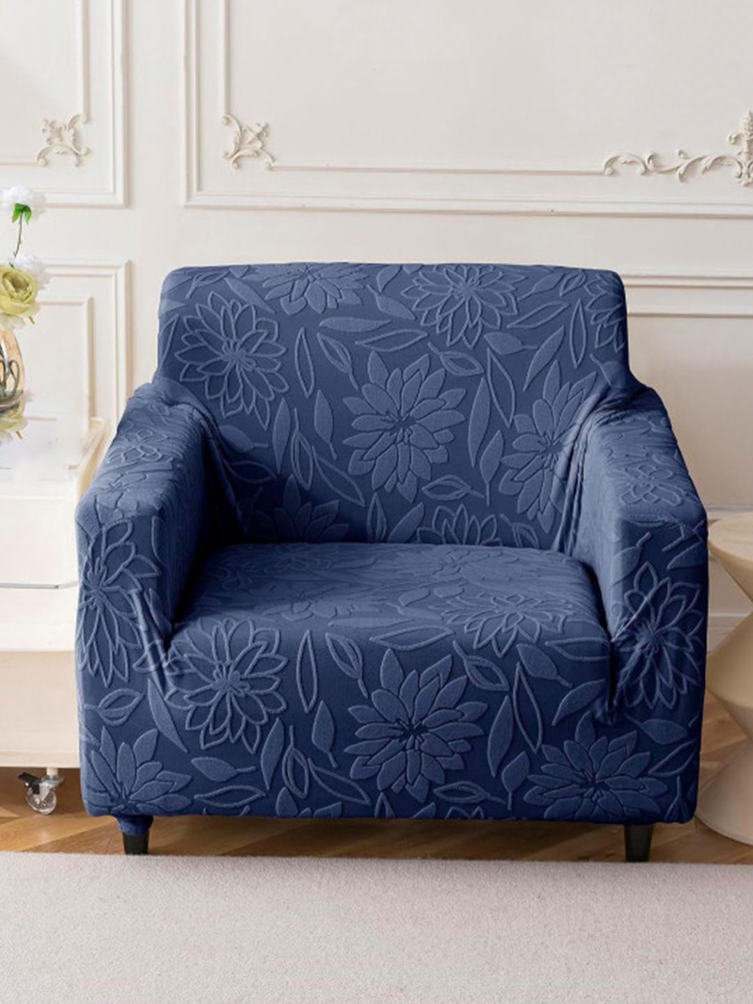 HOUSE OF QUIRK Navy Blue Self Design Jacquard Soft Touching 1 Seater Sofa Cover-image-10