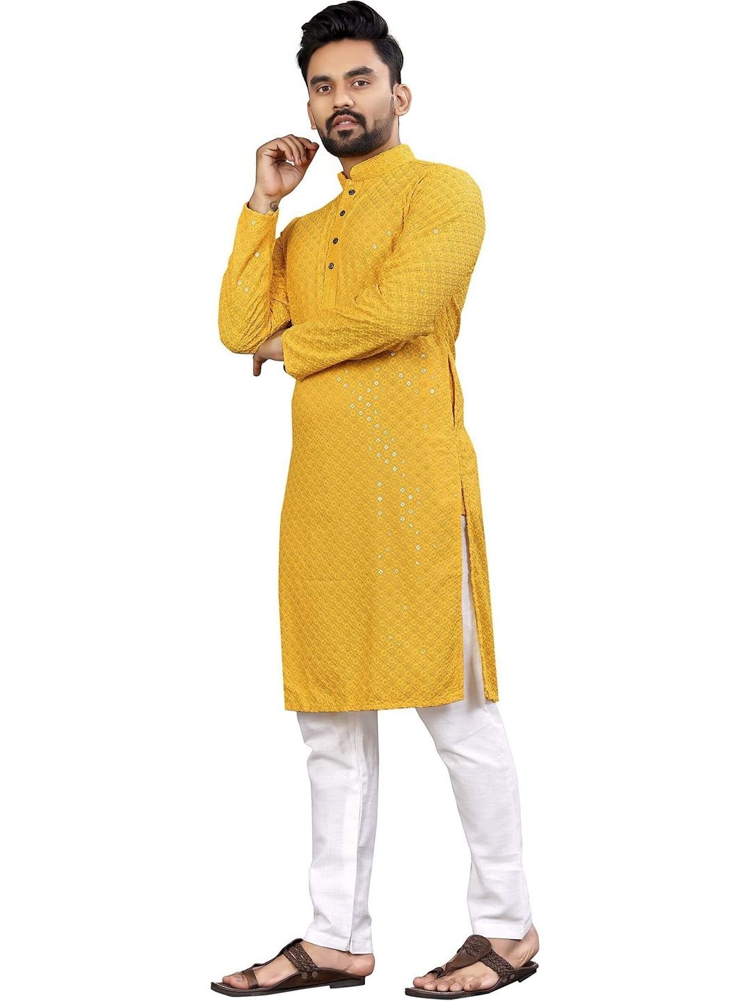 VINAYAK COTSYN KURTA PYJAMA Men Chevron Embroidered Mirror Work Handloom Kurta-picture-30