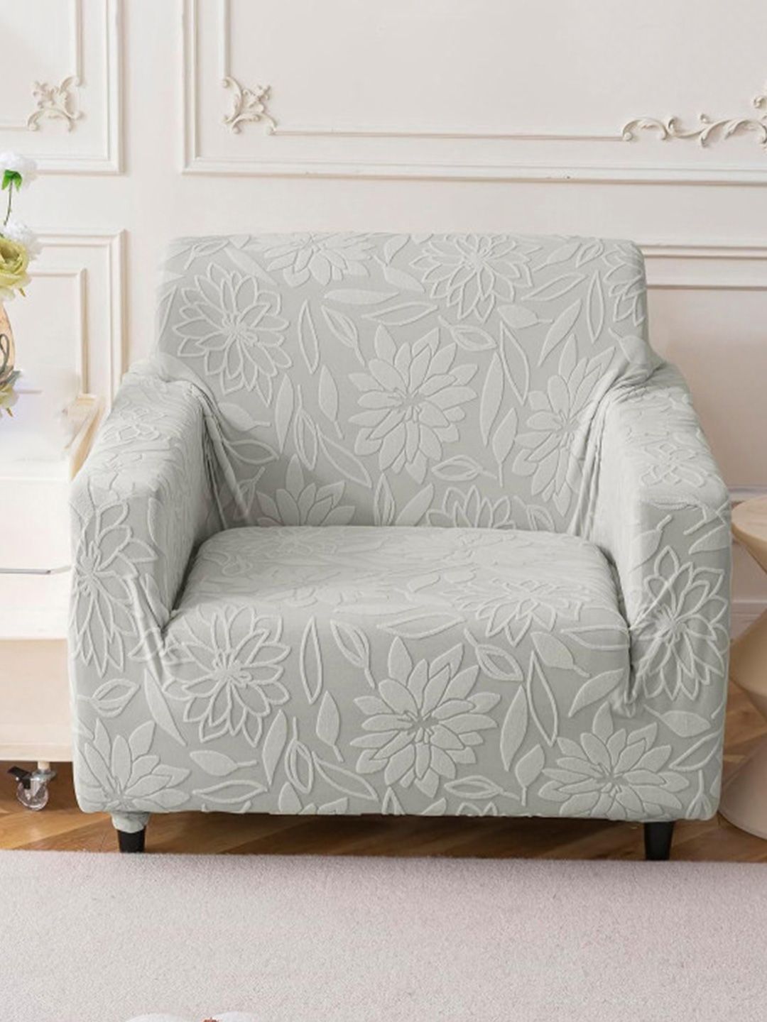 HOUSE OF QUIRK Grey Self Design Jacquard Soft Touching 1 Seater Sofa Cover-image-49