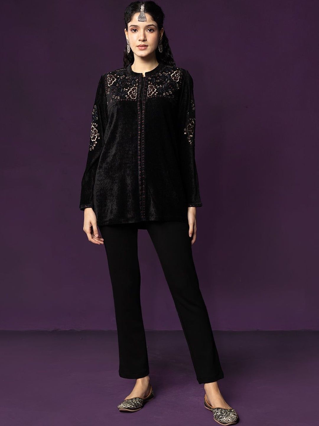 Lakshita Embellished Embroidered Mandarin Collar Ethnic Velvet Top-picture-12