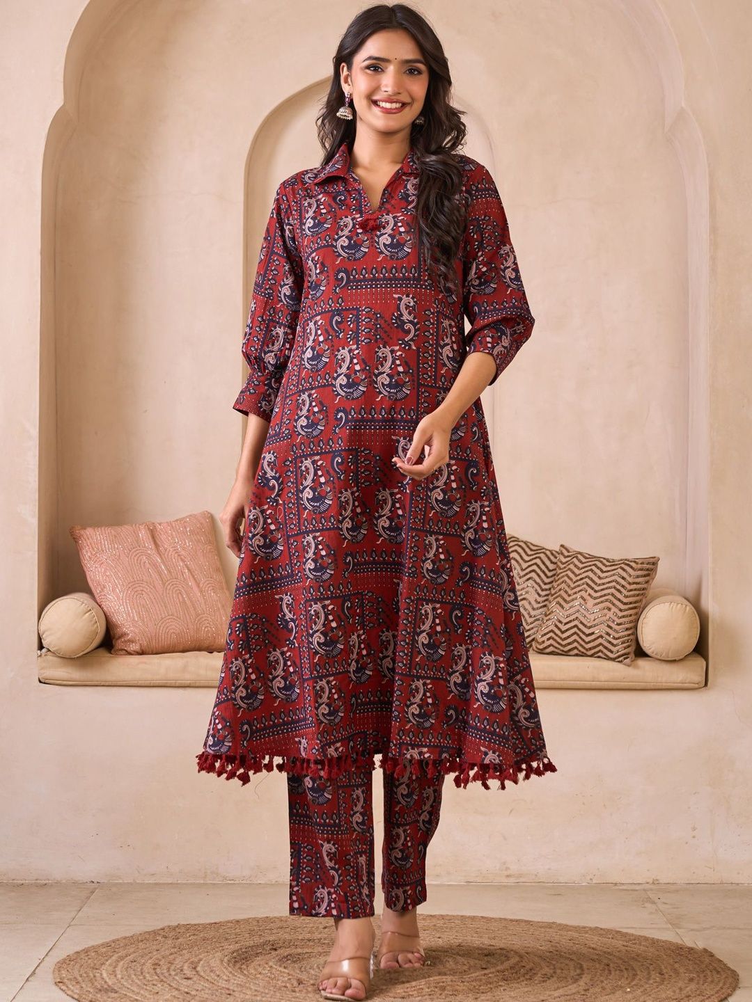 Sangria Printed Pure Cotton Shirt Collar A-Line Kurta & Trousers-picture-30