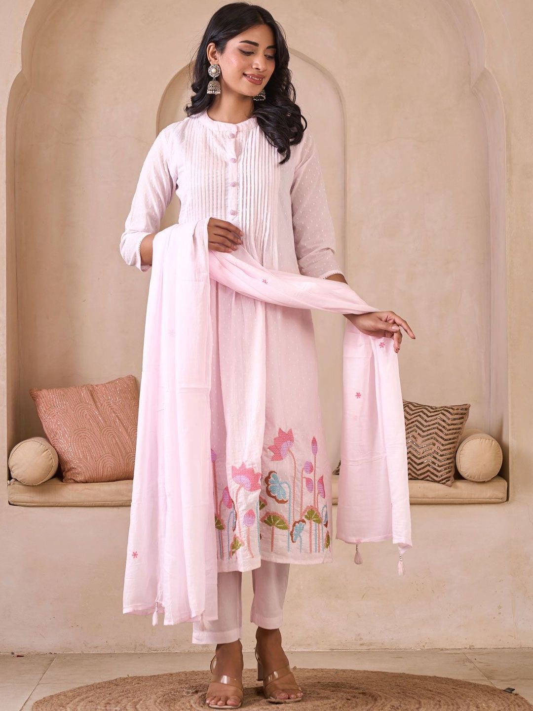 INVI Women Floral Printed Pleated Pure Cotton Kurta with Trousers & With Dupatta-picture-39