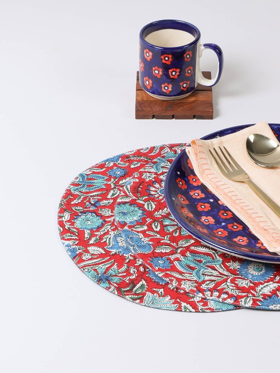 Eyaas 2-Pcs Red & Blue Printed Cotton Table Placemats-picture-15