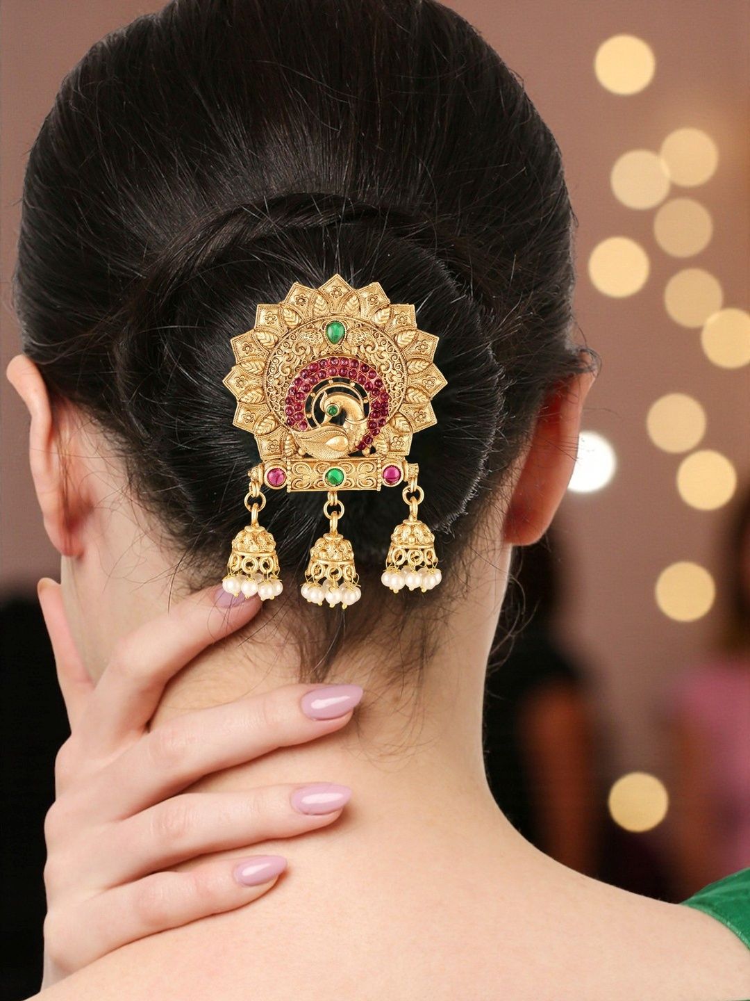 OOMPH Artificial Stones and Beads Studded Bun Pin Head Jewellery-image-28