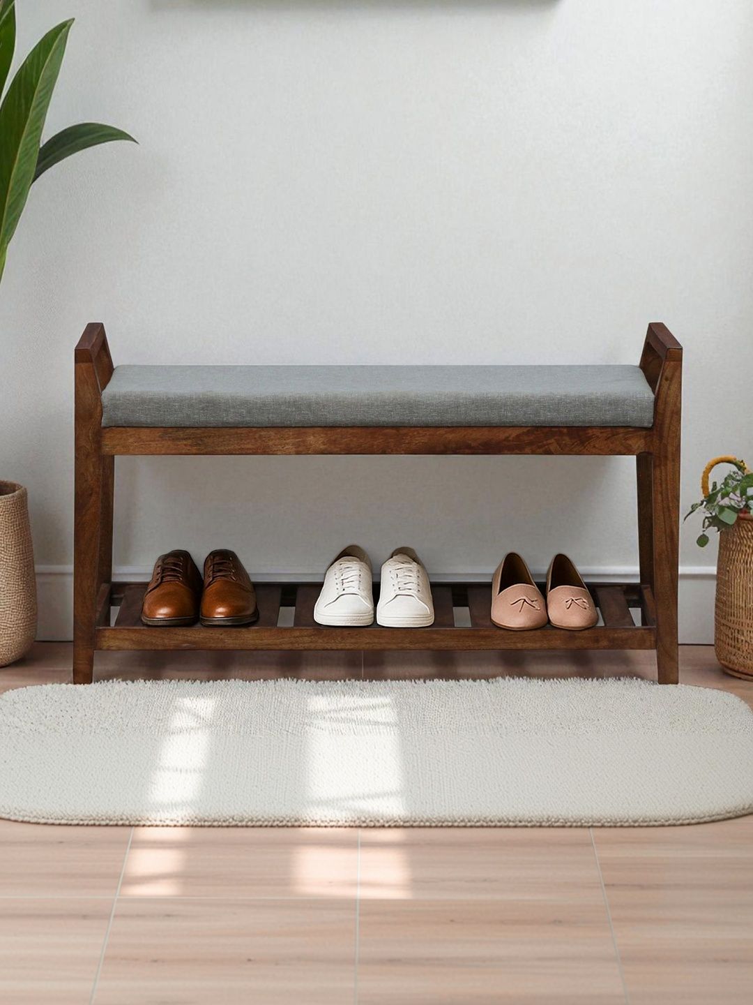 BENE DECOR Grey & Brown Mango Wood Bench With Cushion-picture-55