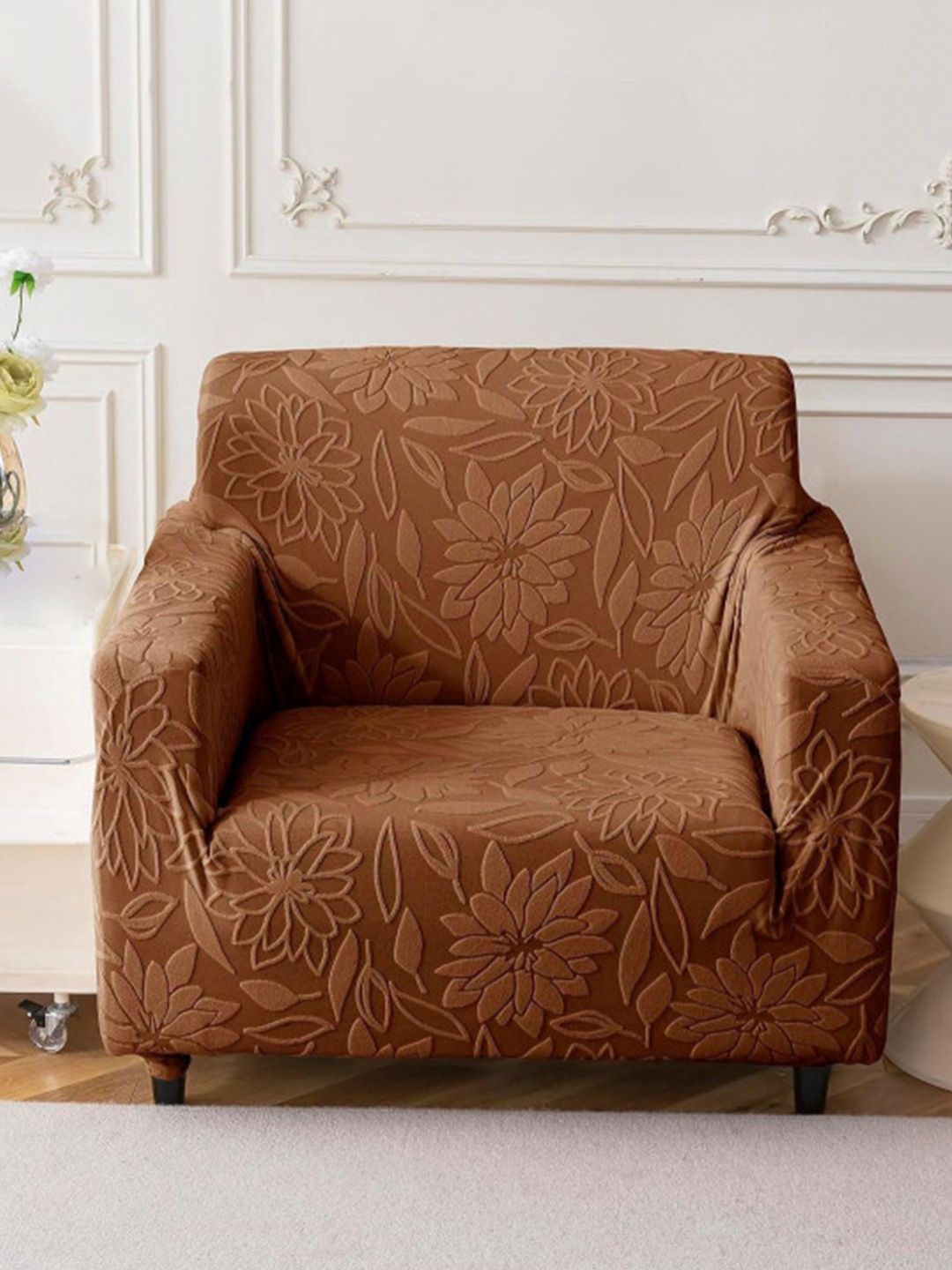 HOUSE OF QUIRK Camel Brown Self Design Jacquard Soft Touching 1 Seater Sofa Cover-picture-35