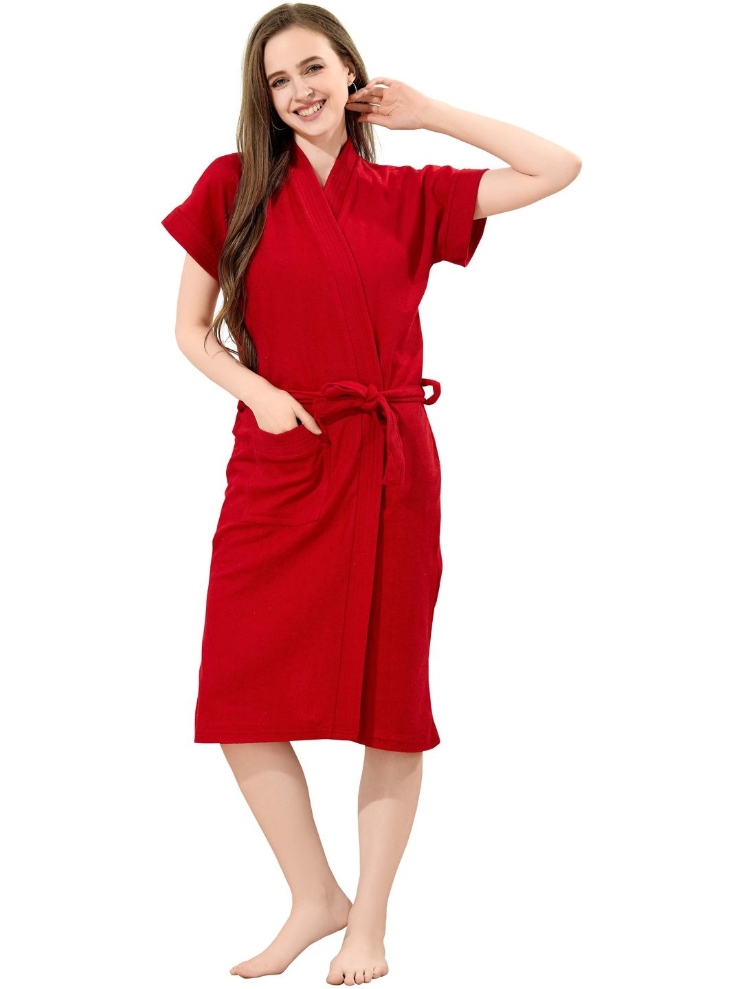 GEMINI Women Cotton Knee Length Bath Robe With Belt-image-6