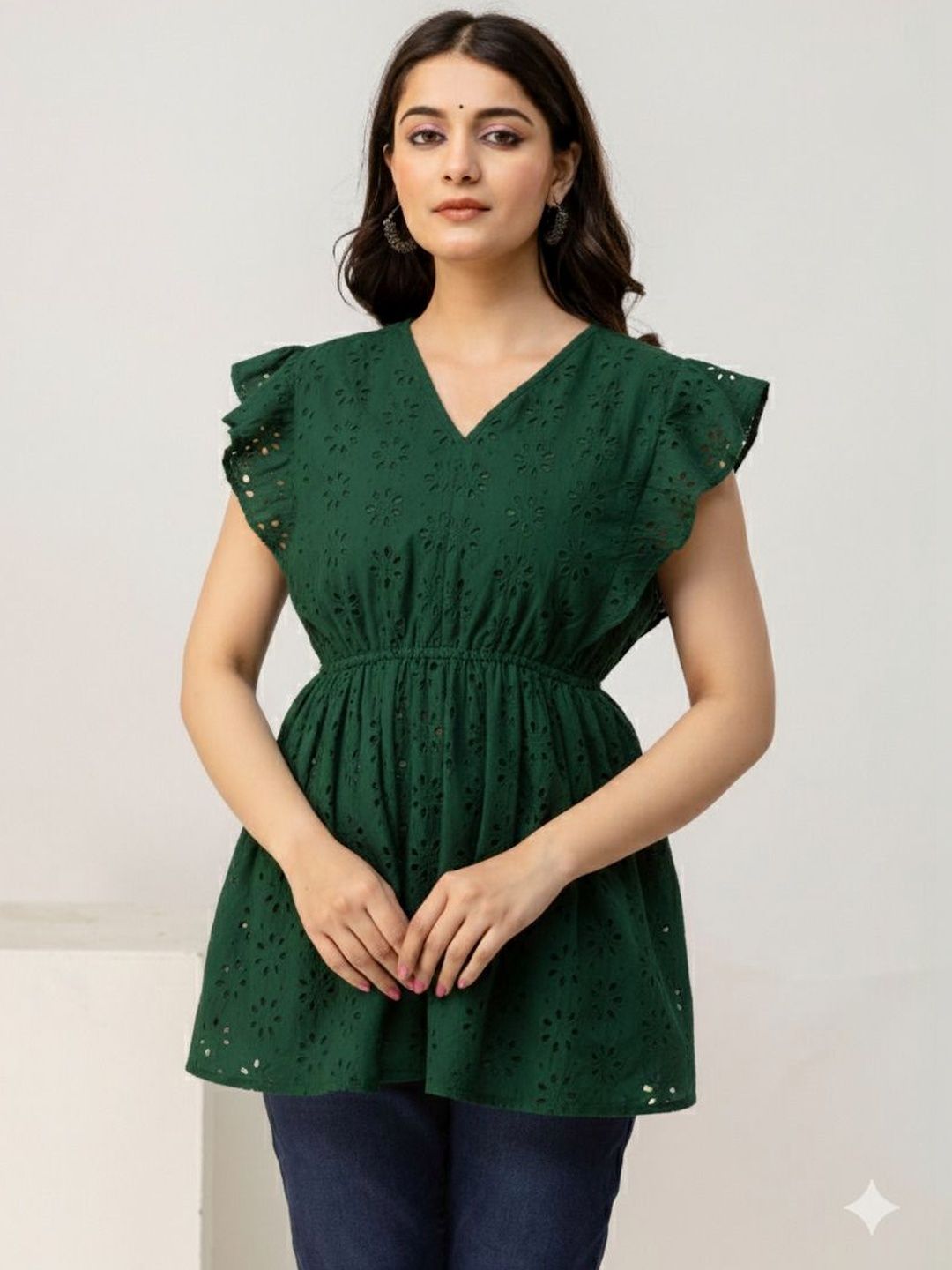 NNAVDHA Embellished Embroidered Flutter Sleeve Cotton Schiffli Peplum Top-picture-17