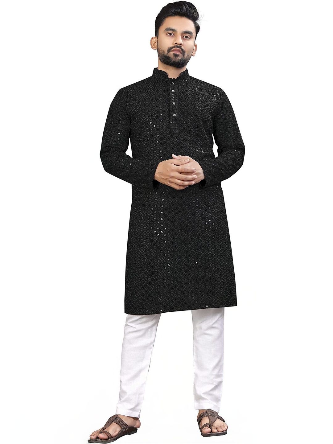 SHOBHIT Men Geometric Embroidered Thread Work Handloom Kurta-picture-15