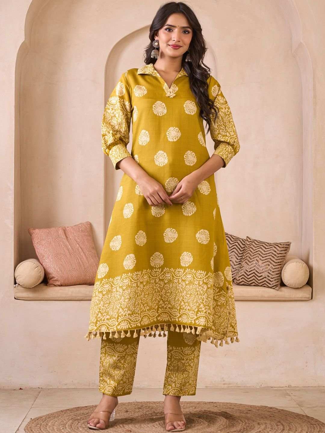 Sangria Printed Pure Cotton Shirt Collar A-Line Kurta & Trousers-picture-25