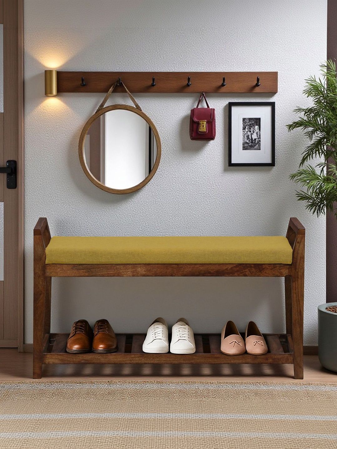 BENE DECOR Yellow & Brown Mango Wood Bench With Cushion-picture-31