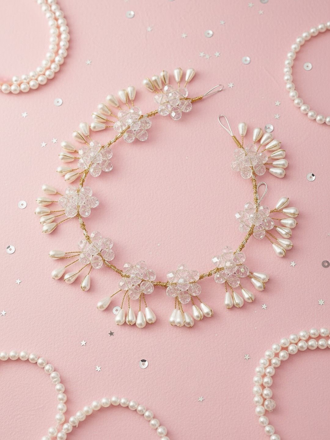Krelin Bridal Crystal Floral & Pearl Drop Hair Veni with Gold Wire Detailing-image-15