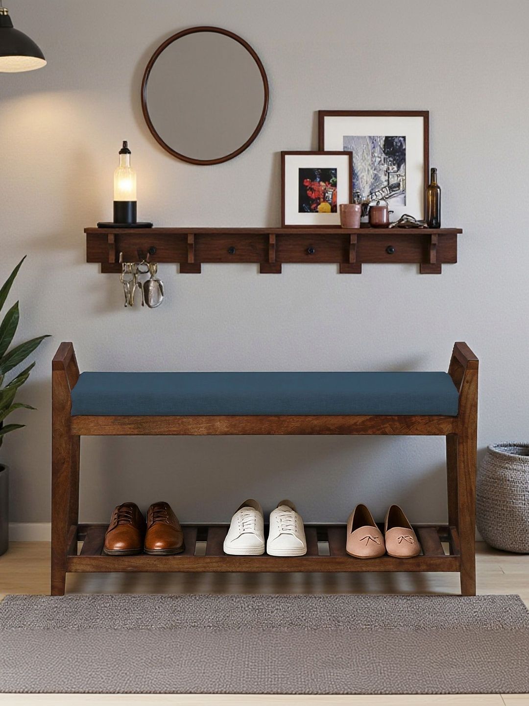 BENE DECOR Blue & Brown Mango Wood Bench With Cushion-picture-16