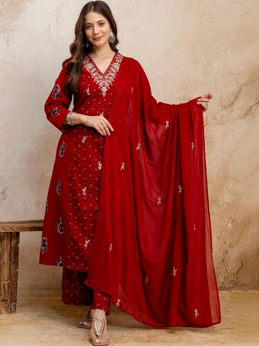 ANEEMA Women Ethnic Motifs Embroidered Regular Thread Work Pure Cotton Kurta with Palazzos & With Dupatta-picture-21