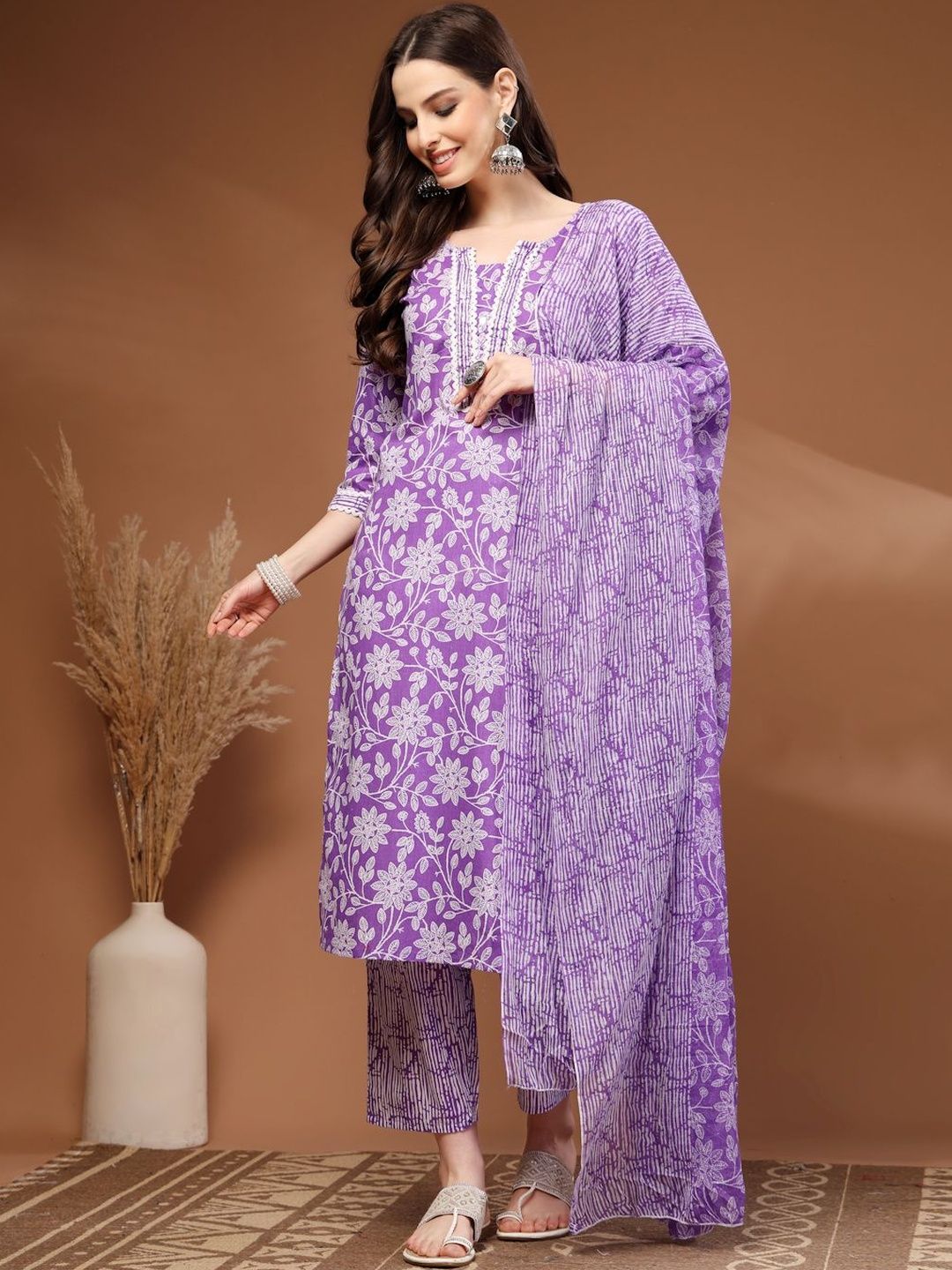 HERE&NOW Women Floral Printed Regular Pure Cotton Kurta with Palazzos & With Dupatta-picture-22