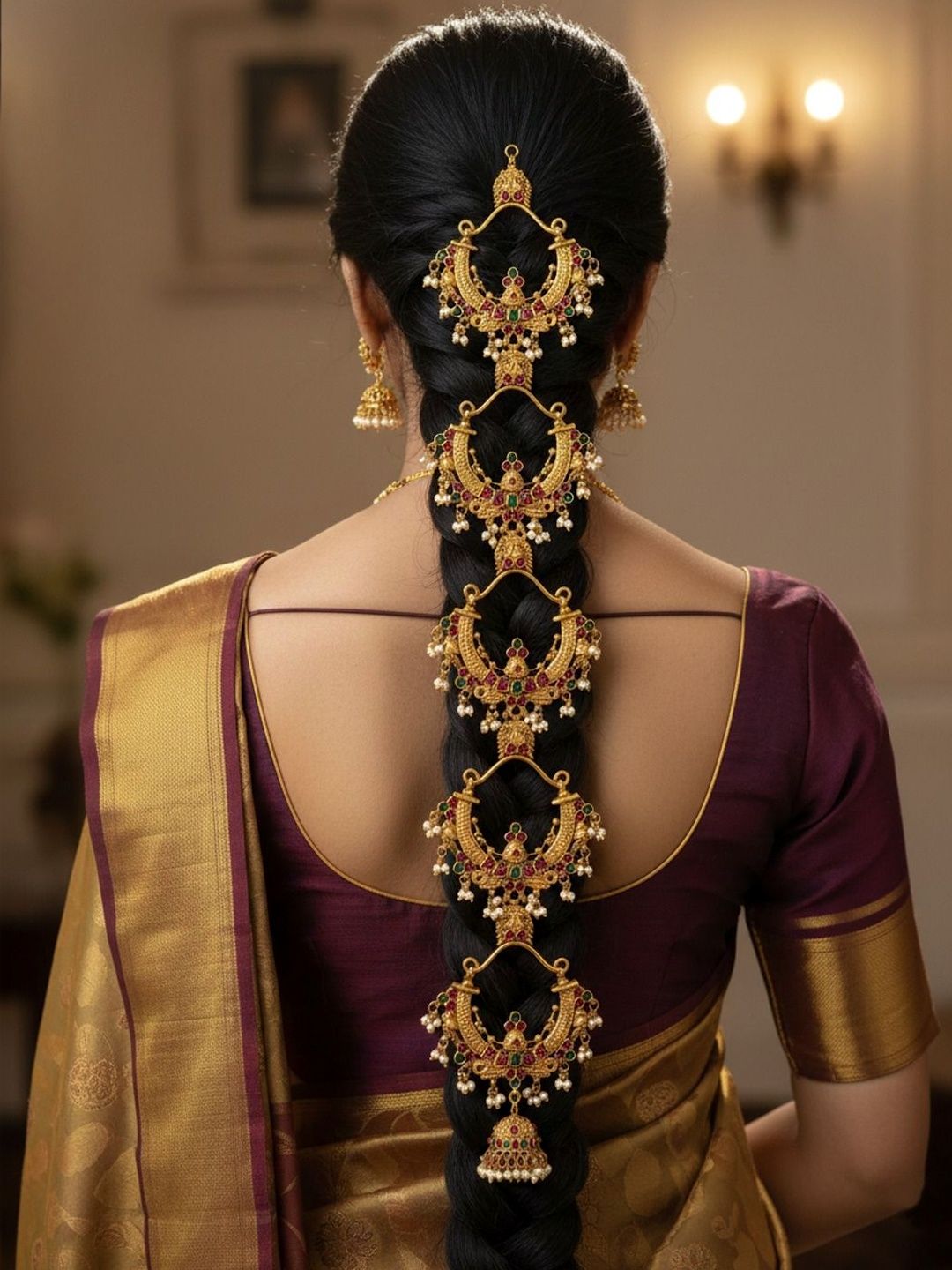 Krelin Traditional South Indian Temple-Style Jada with Kemp Stones & Pearl Danglers-picture-17