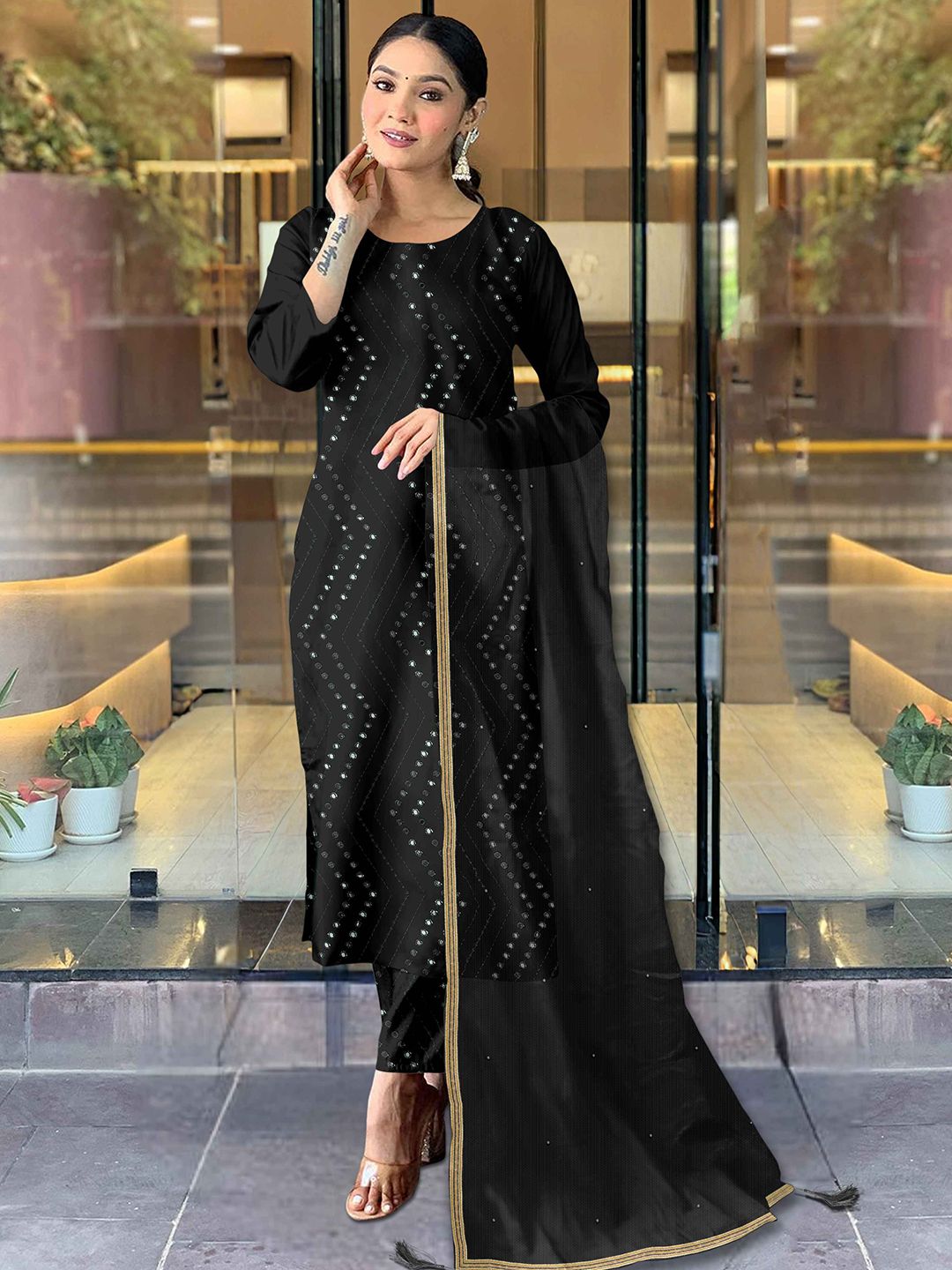 BAMSOM WEAR Women Printed Regular Sequinned Kurta with Trousers & With Dupatta