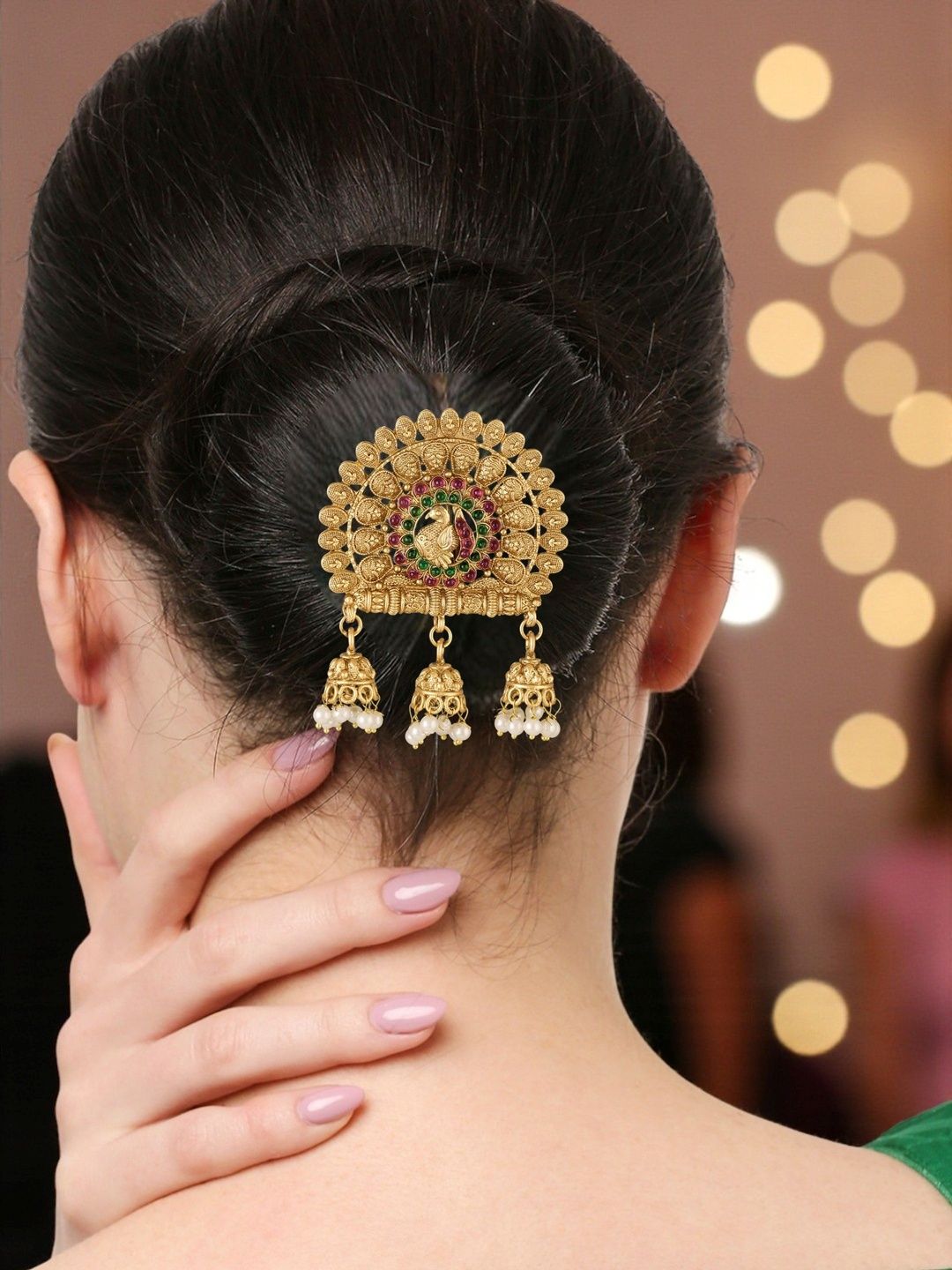 OOMPH Artificial Stones and Beads Studded Bun Pin Head Jewellery-image-29