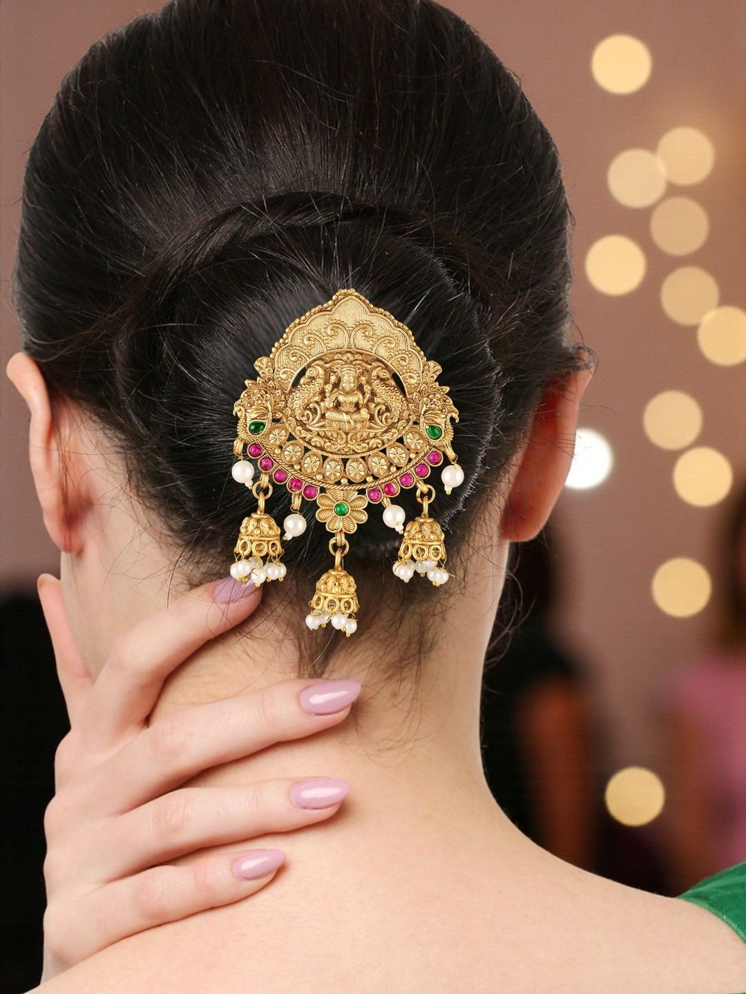 OOMPH Artificial Stones and Beads Studded Bun Pin Head Jewellery-image-26