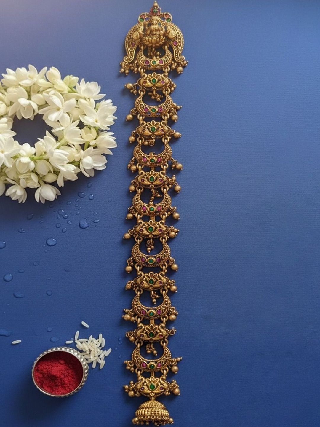 Krelin Antique Gold-Toned South Indian Temple Jada with Kemp Stones & Hanging Bell-picture-14