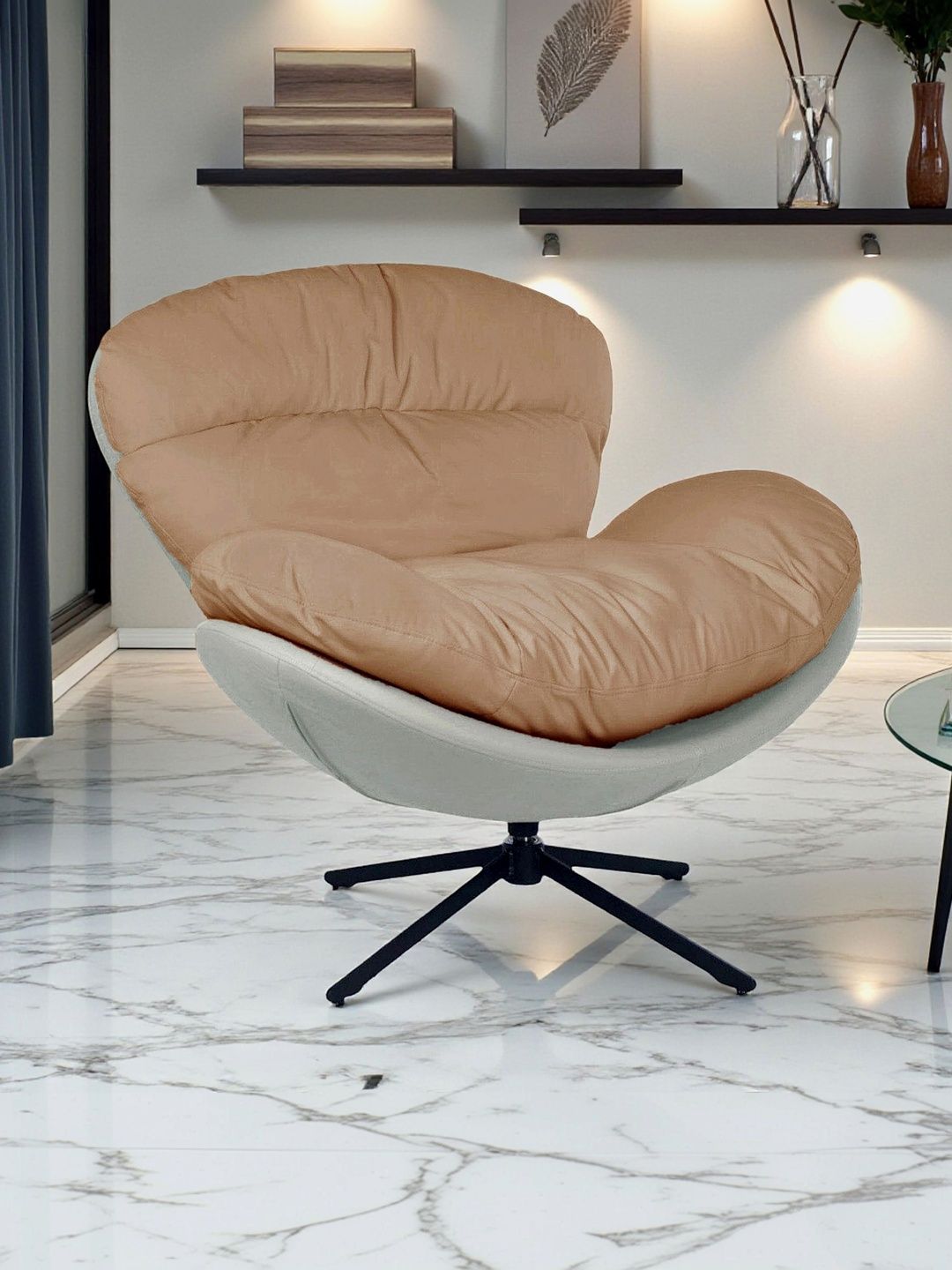 THE ATTIC Brown & Cream-Colored Tufted Lounge Chair