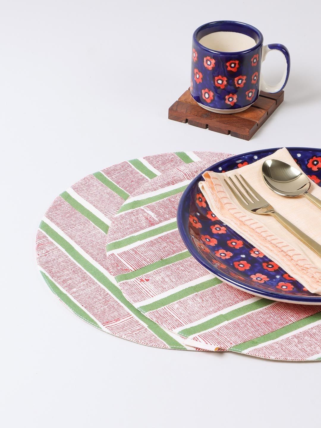 Eyaas 2-Pcs Red & Green Striped Cotton Table Placemats-picture-22